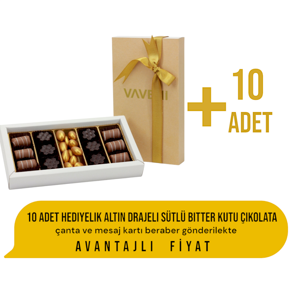 10 Adet Hediyelik Altın Drajeli Sütlü Bitter Kutu Çikolata